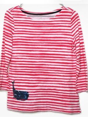 Talbots Red & White Striped Long Sleeve Top with Sequin Whale